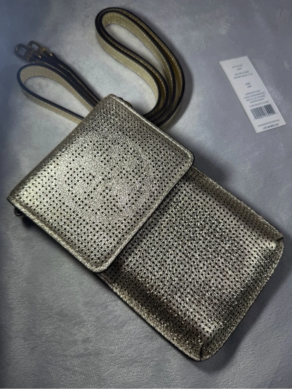 Tory Burch Metallic Perforated Phone Crossbody - Light Gold  Style: 34611